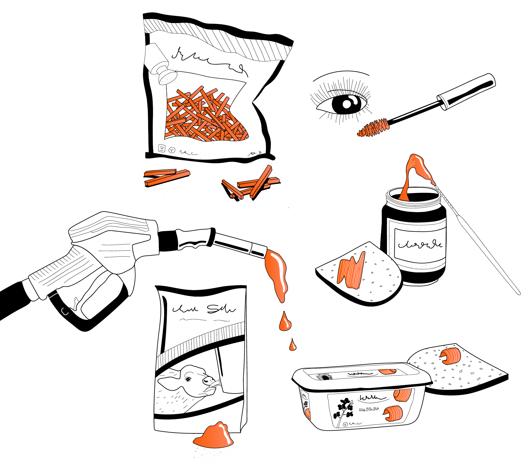 Palmölprodukte werden gezeigt. Pommes, Make Up, Biodiesel, Nusscreme, Margarine