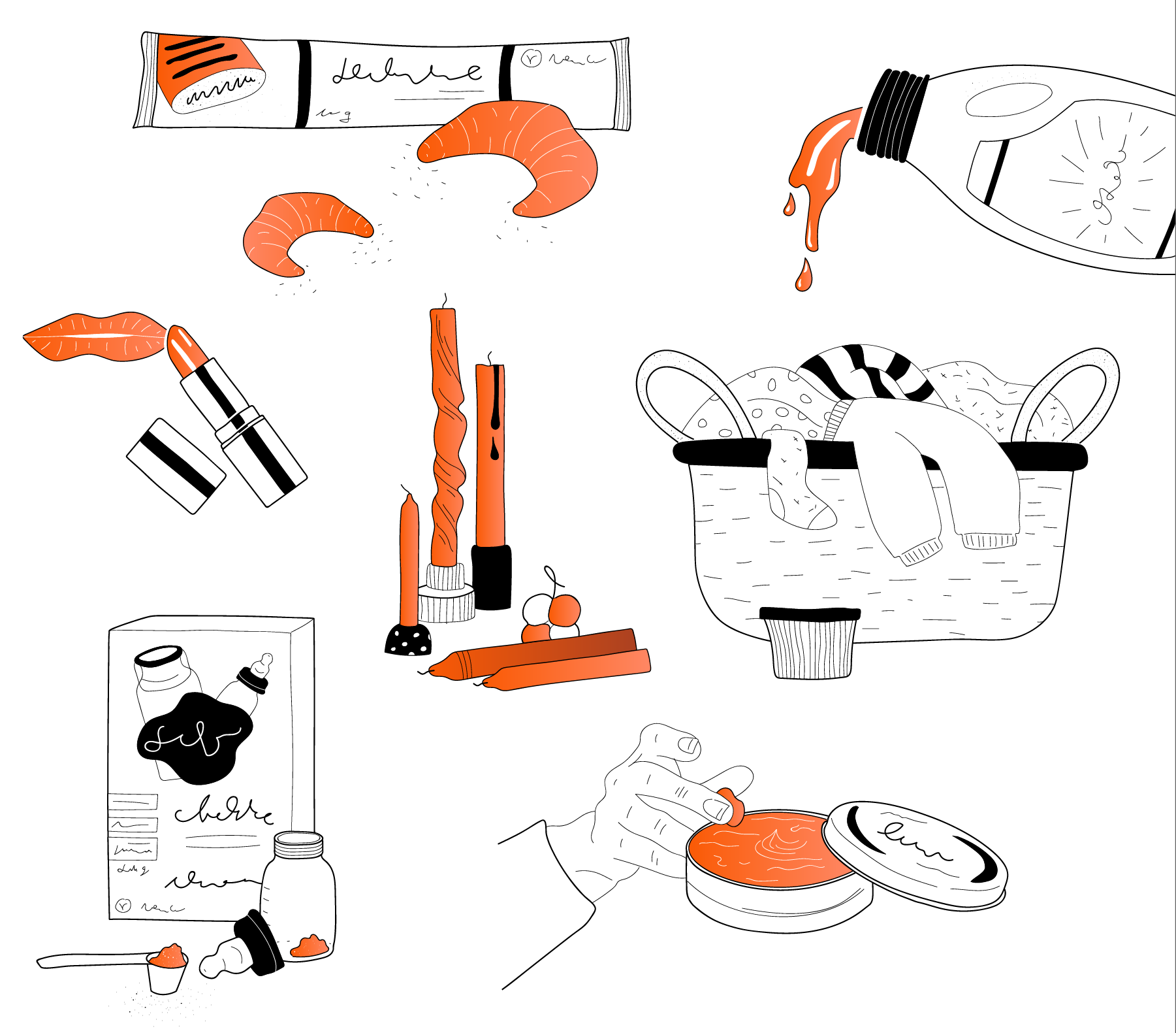 Palmölprodukte werden gezeigt. Blätterteig, Lippenstift, Milchpulver, Kerzen, Creme, Waschmittel